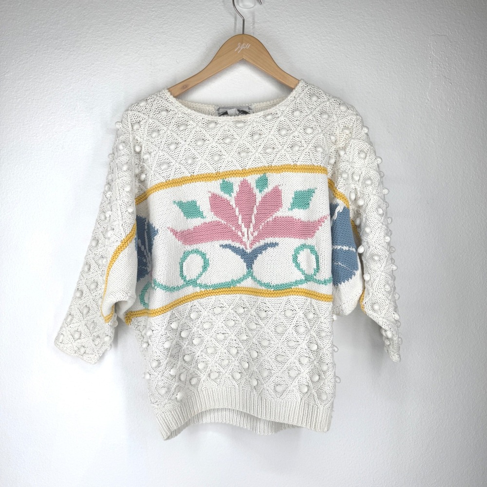 Vintage Womens Floral Popcorn Chunky Knit‎ Sweater Size L Baggy Oversized 80s